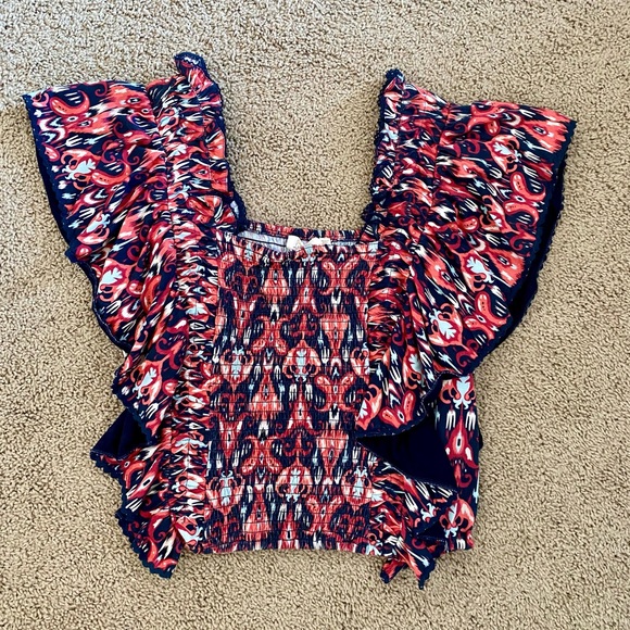 Anthropologie Let Me Be Printed Smocked Ruffle Sleeve 100% Cotton Crop Top - Picture 3 of 11